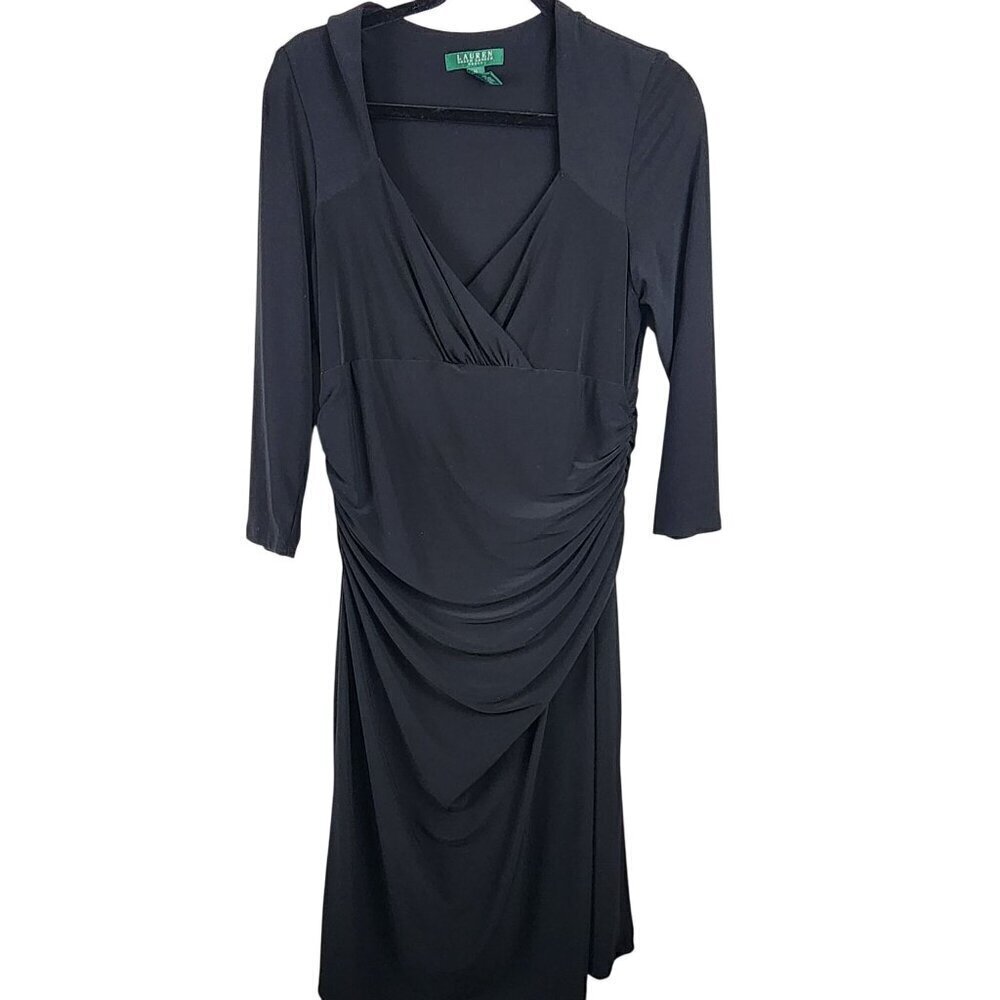 Ralph Lauren sz 14 women black dress faux wrap surplice neckline